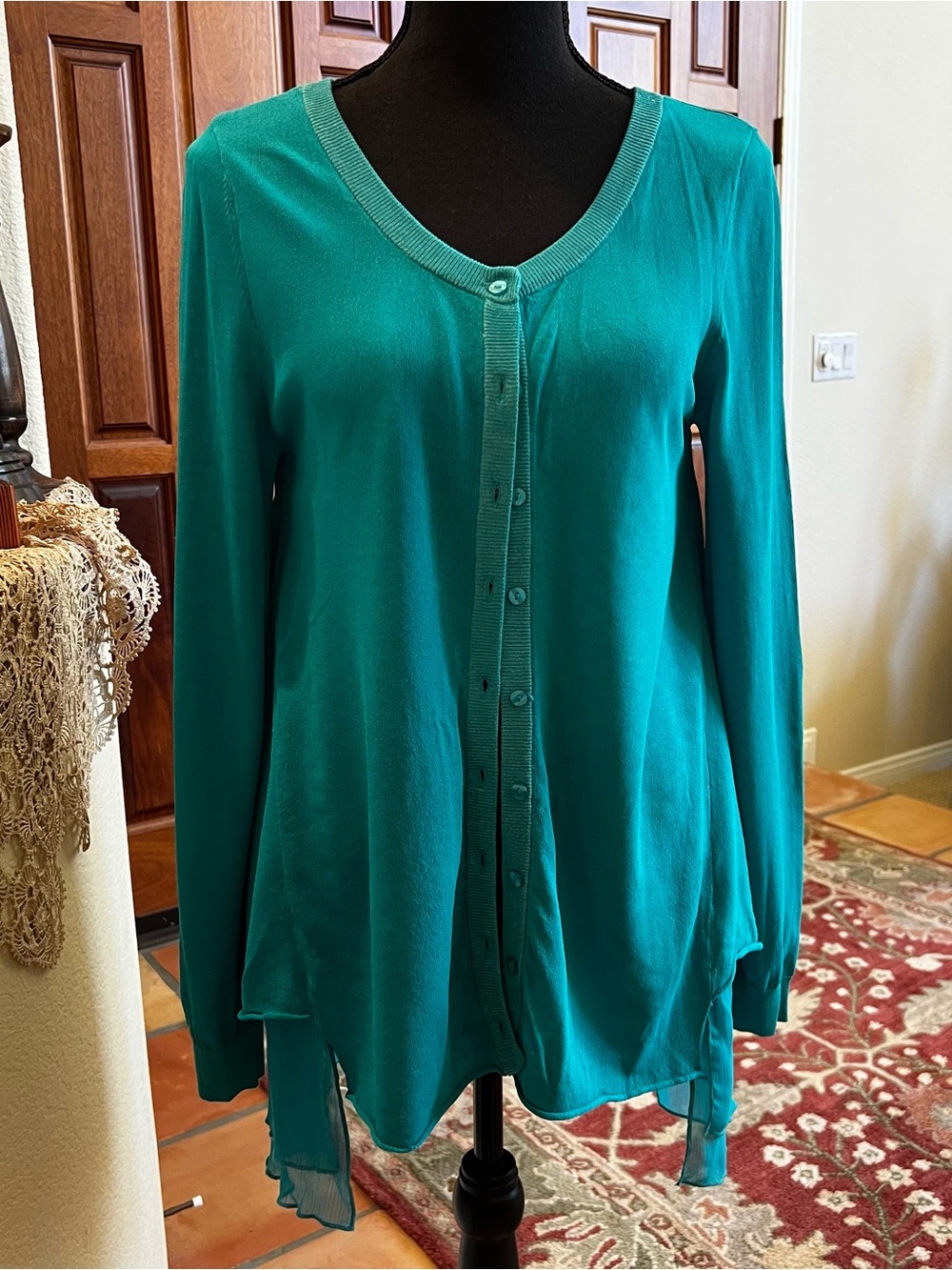 Adam Jacobs SZ S Stretch Knit Cardigan w/ Chiffon Trim Peacock Blue Sweater